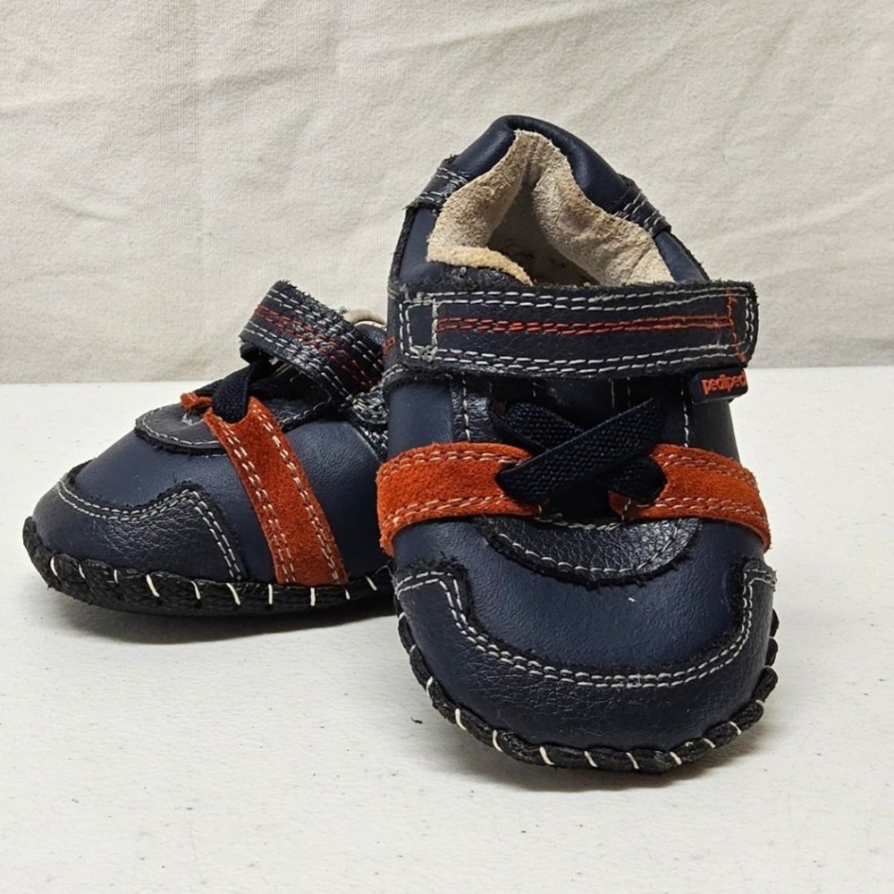 pediped First Walker Shoes Kids 6-12M Navy Blue Orange Leather Hook Loop Sporty